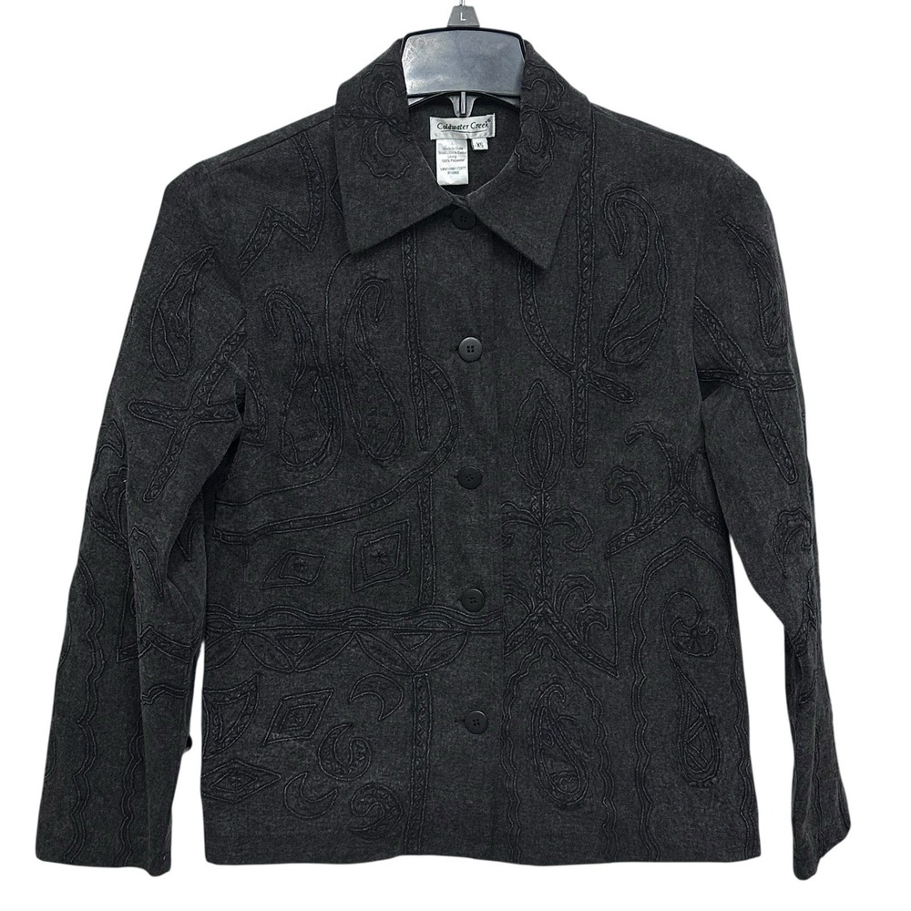 Coldwater Creek Black Denim‎ Floral Paisley Jacket Size XS Embroidered Metal